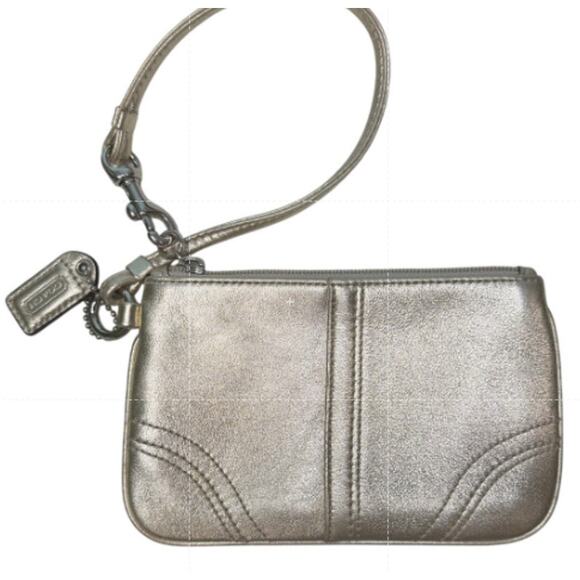 Gold Faux Leather Wristlet Bag Coach‑Inspired Mini OS Metallic Zip Closure - Picture 3 of 5